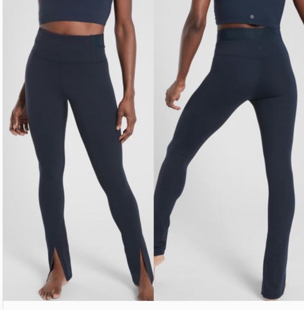 Athleta Aura Split Pants Womens Medium Navy High Rise Powervita Yoga Athleisure